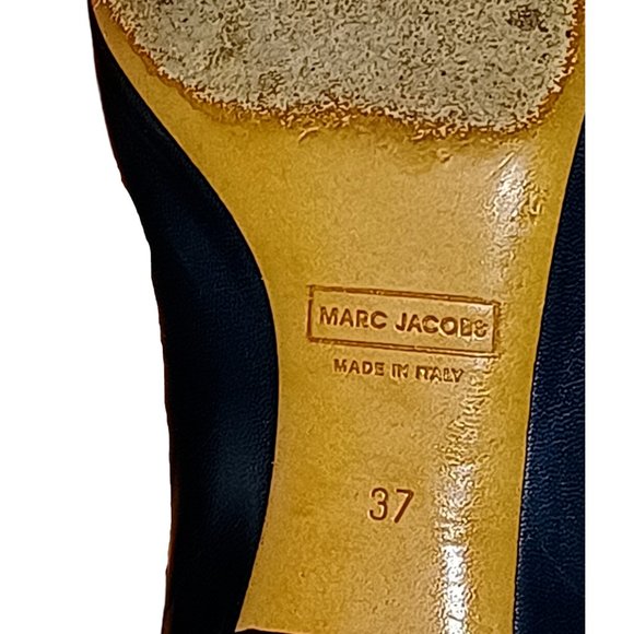 Marc Jacobs Size 37 Navy Blue Leather Point Toe Snake Skin Round Chunky Heel - Picture 4 of 7